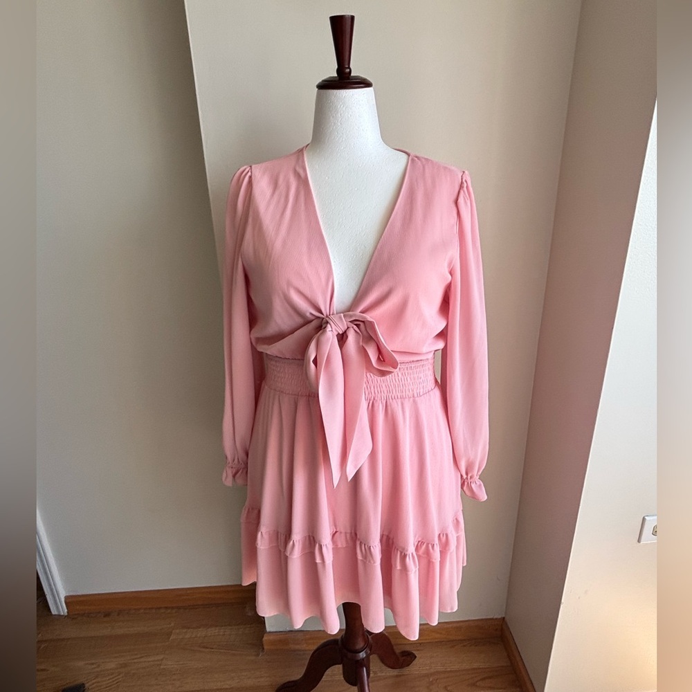 Pink Knot front, deep V, Ruffles Long Sleeve Mini dress
